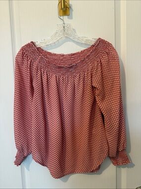 Express Top - Smocked Off-Shoulder Polka Dot Blouse - Dusty Rose